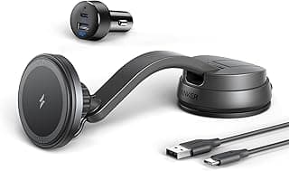 انكر شاحن لاسلكي مغناطيسي 613 (ماج جو)، حامل شحن السيارة مع شاحن سيارة USB 2 منفذ USB، كيبل USB-C الى USB-A بطول 5 قدم، محاذاة مغناطيسية قوية فقط لايفون 13، 12/12 برو/ 12 برو ماكس/ 12 ميني، أسود