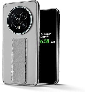For Honor Magic 8 Silicone Back Case with Leather Handle Wrist Strap,Kickstand Back Feature Landscape and Portrait, Magnetic Holder Compatible with Honor Magic 8 (6.58") (Gray)