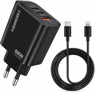شاحن سريع 66 وات مع كابل 1 متر USB-C إلى Lightning، متوافق مع ايفون، ايباد، AirPods، بـ 3 منافذ USB-C ومنفذ USB-A