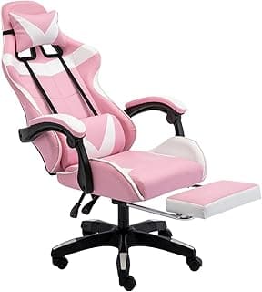 Pink Gaming & Office Chair, High Back PU Leather Desk Chair, Ergonomic Adjustable Reclining Swivel with Footrest, Lumbar Support, Headrest, Armrest