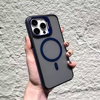 جراب مغناطيسي ايكو لهاتف ابل ايفون 15 Pro Max مع حامل عدسة، متوافق مع الشحن اللاسلكي، جراب TPU نحيف مقاوم للصدمات ومضاد للبصمات (أزرق)