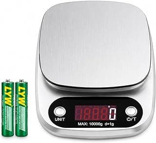 Professional digital stainless steel kitchen scales with an accuracy of 0.1 g. Maximum weight of 10 kg. Accurate food with tare function in silver