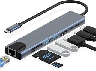 موزع USB Type-C بـ 8 منافذ مع HDMI 4K، منفذين USB 3.0، منفذين USB-C (87W PD)، إيثرنت RJ45، قارئ بطاقات SD/TF - هيكل ألومنيوم - توافق عالمي