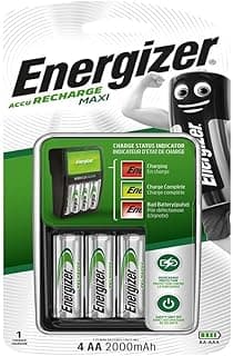 شاحن بطاريات Energizer Maxi + 4 بطاريات AA (2000 مللي أمبير) متعدد الألوان وبطاريات Recharge Extreme AAA2