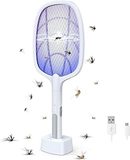 Rechargeable Handheld Electric Fly Swatter Mosquito- Insect Killer Racket Bats with UV Light Lamp USB Charging Base Bug Zapper Unique 3-Layer Safety for Home Office White