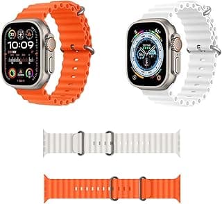 سوار ساعة Ocean متوافق مع Apple Watch Ultra وجميع المقاسات، سيليكون ناعم رياضي (برتقالي + أبيض)