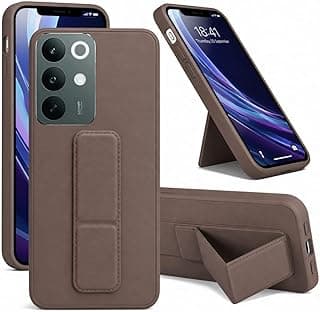 جراب ظهر بمسند لهاتف REALME C85 PRO حامل مغناطيسي للسيارة من السيليكون الناعم مع مسند أفقي ورأسي وحزام للمعصم وحماية كاملة ضد البصمات (بني)