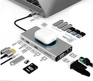 قاعدة توصيل USB C للابتوب، ايثرنت جيجابت، شحن لاسلكي، موزع USB C بـ 15 في 1، محول متعدد المنافذ Type-c إلى 4K HDMI مع VGA، شحن PD، 3 منافذ USB 3.0، قارئ بطاقات SD، RJ45