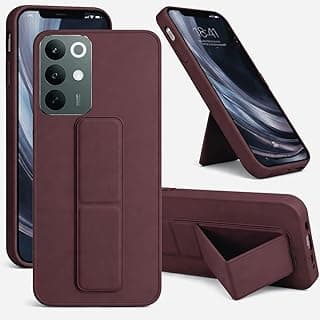 Back Cover Stand Case Magnetic Car Holder Soft Silicone & Vertical Kickstand Cover Wrist Strap Full protection Anti Fingerprint Case for Realme C85 Pro (Red Wine)