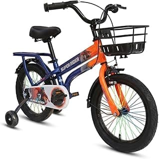 SUPER RIDER PRO 16 Inch Kids Bike Blue & Orange with Training Wheels & Front Basket – Sold by Derby Sport