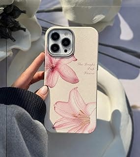 جراب Fekra فاخر بتصميم زهور وردية لـ iPhone 16 Pro Max مع واقي عدسة كاميرا، غطاء سيليكون نحيف مع بطانة مايكروفايبر، مضاد للبصمات، جراب مضاد للصدمات (Lilium Pink)