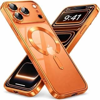 For iPhone 17 Pro Max Magnetic Case, Compatible with MagSafe, Built-in Camera Lens Protector, Luxury Plating Soft TPU Clear Shockproof Slim Thin Cover (Orange)