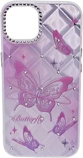 C.F.S TPU Butterflies Printed Back Cover Case with Rhinestone Camera Border For iPhone 13 - Pink Transparent