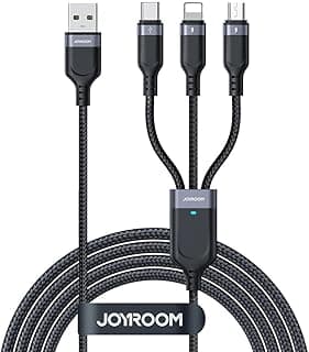كابل شحن سريع 3 في 1 A18 بقدرة 3.5 أمبير USB-A إلى Lightning و Type-C و Micro (1.2 متر، أسود) - كابل شحن متعدد متين مع ضمان 12 شهر