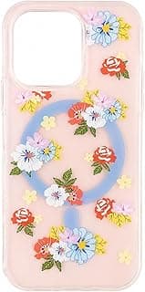 GENERIC, Floral pattern phone case compatible with iPhone 15 Pro, clear pink cover with ring, multi-colored floral design