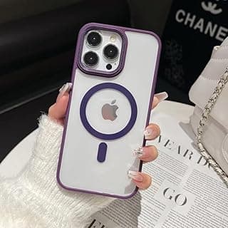 Fekra Luxury Metal Lens Camera Protection Megsafe Phone Case for iPhone 15 Wireless Charging Cover (Purple, iphone 15)