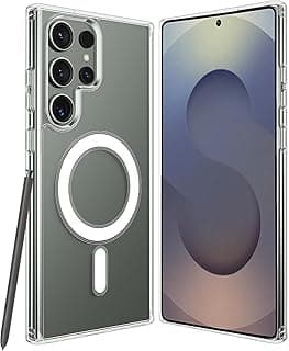 جراب متوافق مع ماج سيف لموبايل سامسونج جالاكسي S25 الترا شبكة الجيل الخامس 5G 6.9 بوصة، تصميم شفاف من البولي كربونات والبولي يوريثين المقاوم للحرارة بمغناطيس مدمج وحواف مرتفعة لحماية الكاميرا