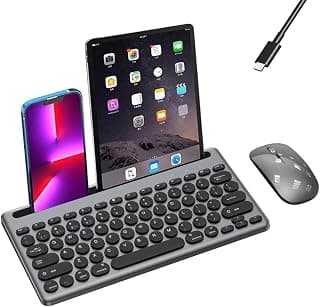 Rechargeable Keyboard and Mouse for Tablets, Dual Mode, with Phone Holder - Slim and Quiet Design - Support Multiple Devices (2.4GHz/BT1/Bluetooth 2) - Compatible with iOS/Windows/Android (MFA