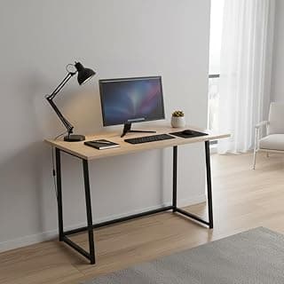 Folding Computer Desk or laptop desk for Small Spaces, Home Office Desk with Black Metal Frame, Compact Writing Table, Foldable Study Desk (Wooden)
