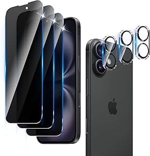 3+3 Pack Privacy Screen Protector Designed for iPhone 16 With 3 Pack Camera Lens Protector,Full Coverage Anti-Spy Tempered Glass Film,9H Hardness,Bubble Free,Easy to Install