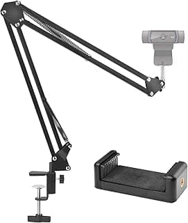 SHOPEE Webcam Stand, 28" Webcam Camera Clamp Mount Adjustable Desktop Suspension Boom Scissor Tripod Stand Built-in 1/4" Screw Flexible Long Arm Swivel Holder with Mobile Clip Holder(Black)