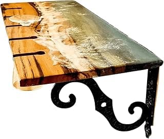 FLOW - Green Sea Shelf and Glass Hanger, Epoxy Resin on Old English Oak Wood, Black Steel Holders, 50 x 21.5 cm
