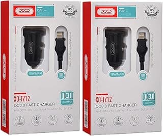 طقم شاحن سيارة tz12 qc3.0 مع كابل لايتنينج، مخرج 2.1 امبير بحد أقصى 18W ومخرجين USB، طول 1000mm، قطعتين - لون أسود