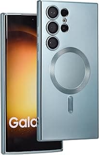 جراب متوافق مع الشحن المغناطيسي لهاتف سامسونج Galaxy S25 Ultra [متوافق مع MagSafe][حماية مدمجة لعدسة الكاميرا] إطار سيليكون ناعم ونحيف مقاوم للصدمات بلمعة معدنية (أزرق فاتح)