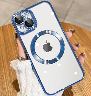 Clear Case for iPhone 13, Compatible with MagSafe, Built-in Camera Lens Protector, Slim Luxury Plating Edge Soft TPU Cover Protective, Transparent Case for Women Men - Sierra Blue