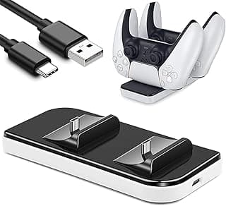 قاعدة شحن لوحدة التحكم سوني دوال سينس لبلاي ستيشن 5 مع كابل USB من النوع C وحماية اي سي وشحن مزدوج من النوع C بلون ابيض، لPC