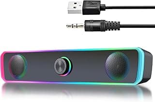 مكبرات صوت للكمبيوتر بشاشة سطح المكتب، مكبرات صوت للكمبيوتر تعمل بمنفذ USB مع إضاءة RGB، مكبر صوت للألعاب مع مدخل AUX 3.5 ملم، صوت ستيريو قوي، مكبرات صوت للتحكم في مستوى الصوت للكمبيوتر واللاب توب