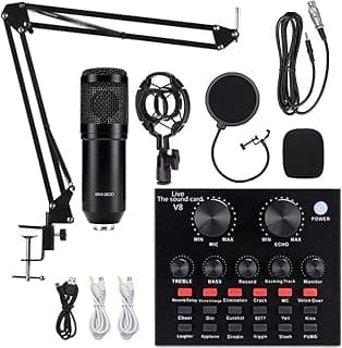 مجموعة ميكروفون مكثف V8، طقم ميكروفون مع كارت صوت لايف BM-800، ذراع متقاطع للميكروفون قابل للتعديل، مثبت عازل للصدمات معدني وفلتر بوب مزدوج الطبقة لتسجيل الاستوديو والبث اسود ، USB، من روبيهو