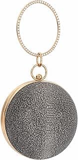 A stylish round evening bag in a glossy gray color with a studded round handle; a luxurious, modern design for special occasions.