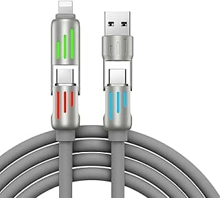 كابل شحن سريع RGB 4 في 1 (100W)، كابل سيليكون شفاف مع إضاءة تنفس بـ 7 ألوان، شاحن متعدد USB A/C إلى Type-C/Lightning لايفون 15/14، S24، ماك بوك - 1 متر أسود