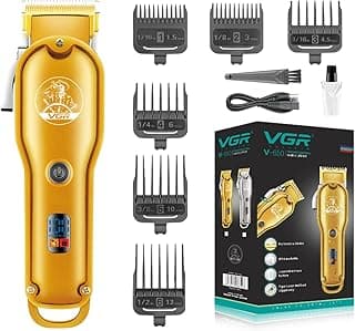 ماكينة حلاقة احترافية بدون اسلاك موديل V-650 من في جي ار، شاشة ال اي دي، وشفرات ستانلس ستيل، كابل شحن USB و4 امشاط ومقبض مدبب قابل للتعديل، مدة التشغيل: 200 دقيقة، بطارية ليثيوم ايون 2000mAh، جولد