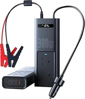 عاكس كهربائي وشاحن سيارة 300 وات بشاشة ذكية و5 منافذ (2 منفذ تيار متردد، 2 USB-C، ‏1 USB-A)، تيار مستمر 12 فولت إلى 200-240 فولت تيار متردد من باسيوس، محول شحن سريع للتخييم والرحلات البرية والسفر في