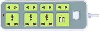 مشترك كهربائي متعدد المخارج، 2500 واط، مع منفذين USB، 220-250 فولت، أخضر وأبيض (7 مخارج كهربائية مع مخرجين USB)