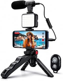 مجموعة تصوير فيديو احترافية 5 في 1 من PLOKAMA PK-771 مع ميكروفون، إضاءة LED، حامل موبايل وحامل ثلاثي (ترايبود)