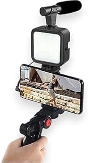 مثبت موبايل لتصوير الفيديو، حامل ثلاثي (ترايبود) لـ ايفون واندرويد، حلقة إضاءة LED صغيرة + ميكروفون + مشبك موبايل للبث المباشر، مكالمات الفيديو، الفلوج، يوتيوب، انستجرام