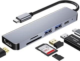 موصل USB C Hub، محول متعدد المنافذ لاجهزة ماك بوك برو، 6 في 1 USB C إلى HDMI، متوافق مع لابتوبات USB C وأجهزة Type-C (4K HDMI USB3.0 USB2.0 قارئ كروت SD/TF و PD 87 وات)، رمادي