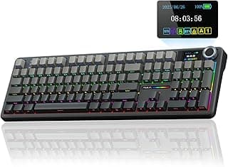 F108 PRO - كيبورد ميكانيكي لاسلكي مع شاشة وبكرة تحكم، كيبورد كامل الحجم ببطارية 8000 مللي أمبير، سويتشات مشحمة مسبقاً، أغطية مفاتيح PBT مطبوعة جانبياً، إضاءة RGB قابلة للتبديل السريع (Hot Swappable) كيبورد جيمنج مخصص