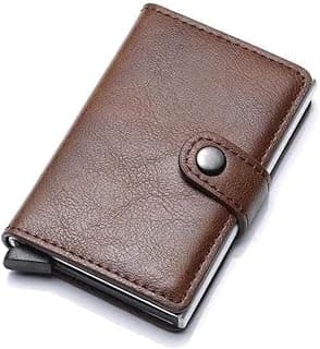 محفظة معدنية للرجال بتصميم عصري باللون البني، مع خاصية حماية RFID وآلية بوب أب لتسع بطاقات