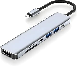 محول 7 في 1 نوع سي الى HDTV مع منافذ USB 3.0 وبي دي وتي اف واس دي يدعم جودة 4K من زيرو - رمادي
