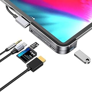 باسيوس قاعدة شحن USB C لجهاز ايباد برو 2018-2021 وماك بوك مع 3 وسادات مغناطيسية، موزع USB-C PD شحن 4K HDMI، قارئ بطاقات SD/Micro USB 3.0 ومقبس سماعة راس 3.5 ملم، محول USB C 6 في 1، رمادي
