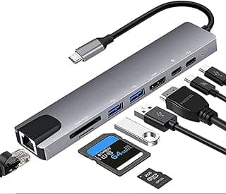 محول نوع C الى HDTV 8 في 1 HDMI PD 2 USB SD TF Rj45 متوافق مع لينكس وويندوز اكس بي فيستا وكروم او اس 10 رمادي