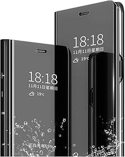 جراب لهاتف سامسونج Galaxy A55 5G مع زجاج حماية، غطاء مرآة قابل للطي، حماية 360 درجة ضد الصدمات، لون أسود