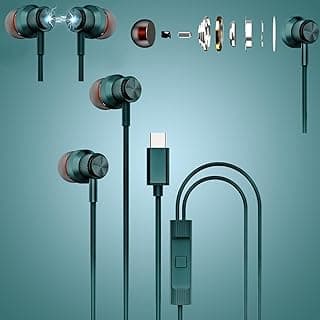 سماعات رأس بمنفذ USB C لآيفون 15 و16 برو، وسامسونج S20-S23 وA53 وA54، سماعات أذن سلكية هاي فاي بصوت ستيريو، ميكروفون مدمج، صوت باس، سلك بطول 1.2 م، سماعات أذن مغناطيسية داخل الأذن (أسود)