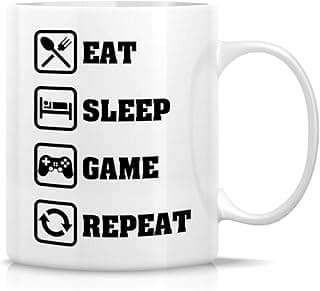 مج مضحك من ريتز- كوب قهوة سيراميك مطبوع عليه Eat Sleep Game Repeat Computer Games سعة 308 مل - هدايا عيد ميلاد مضحكة وساخرة وملهمة له وللصديق والأخ والزوج والصديق وزملاء العمل