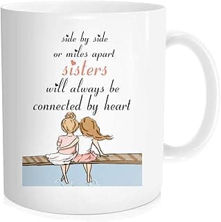 Hasdon-Hill Personalized Sister Coffee Mug, Side by Side Or Miles Apart Sisters Will Always Be Connected by Heart, Funny Galentine's Day Gift for Bestie Best Friends, 11 OZ Bone China White
