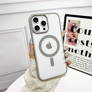Fekra Magnetic Case for iPhone 15 Pro Max Compatible with MagSafe, Shockproof Phone Bumper Cover, Solid Color Matte TPU Frame, Anti-Scratch Clear Back (Gray, iPhone 15 Pro Max)